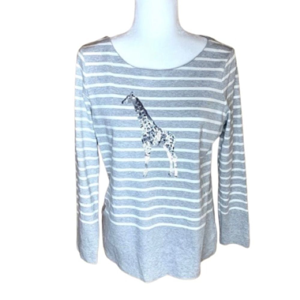 Talbots gray/ white stripe top with sequin giraffe
